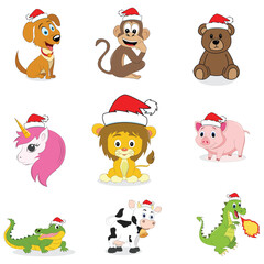 Christmas animals set with Santa’s hat and Christmas animal vector illustration set for Christmas concepts