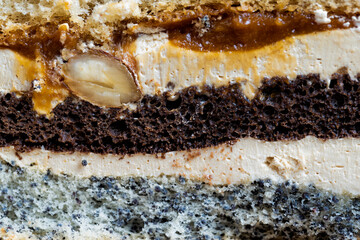 multi-layer cake with different layers, close up