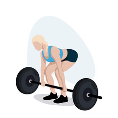 Kobieta podnosząca dużą sztangę. Martwy ciąg z ciężarem. Dziewczyna uprawiająca sport. Wysportowana sylwetka w stroju do ćwiczeń. Ilustracja wektorowa.