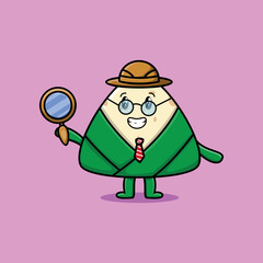cute cartoon character chinese rice dumpling detective is searching with magnifying glass