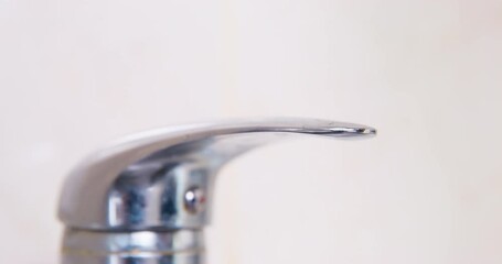 Dog paw presses plumbing chrome faucet, turns off water. Conscious water consumption, cost savings. Conservation of water resources, household ecology. Tap close-up on light background, interior. 