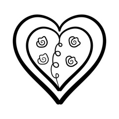 Heart with curl and roses in style of doodle on white background