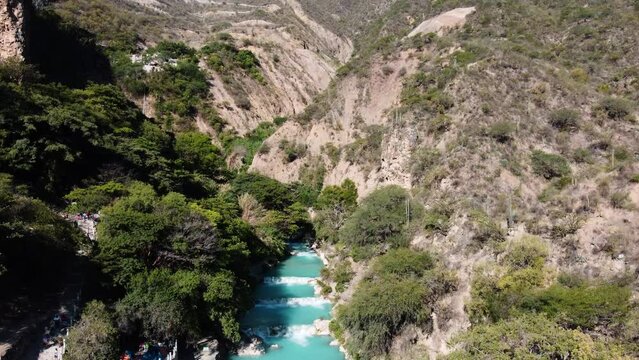 Crane Shot Of Fantastic Natural Grutas Tolantongo, Thermal Warm Water, Hidalgo, Mexico