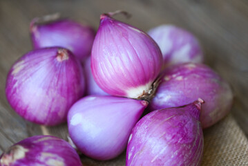 fresh shallot for medicinal products or herbs and spices Thai food made from this raw shallot, Shallots or red onion, purple shallots on wooden background