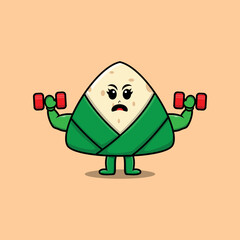 Cute cartoon chinese rice dumpling character is fitness with barbell in modern style design 