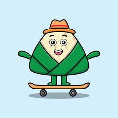 cute cartoon chinese rice dumpling standing on skateboard with cartoon vector illustration style