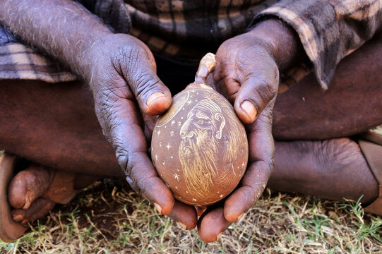 Indigenous Australian Aboriginal Man Hands Holding An Engraved Boab Tree Nut Shell