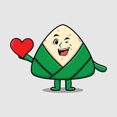 Cute cartoon chinese rice dumpling character holding big red heart in modern style design 