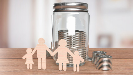 The family wood plate and jar coins for saving concept 3d rendering