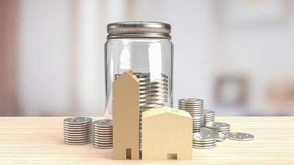 The home wood toy and jar coins for saving or property concept 3d rendering
