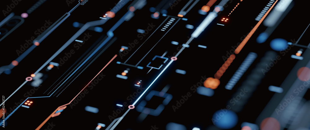 Poster 3D Rendering of abstract digital sci fi techno circuit node with depth of field effect. Dots, lines and geometry shapes. For technology product, ai, crypto, binary, machine learning background