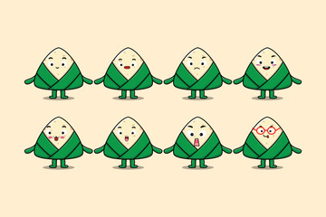 Set kawaii chinese rice dumpling cartoon character with different expressions of cartoon face vector illustrations