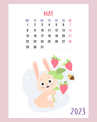 May 2023 calendar. Cute bunny with bouquet of strawberries and funny bee. Vector illustration. Vertical Template. Week from Monday In English. 2023 year rabbit to Chinese zodiac