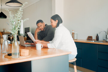 Couple looking at documents, finances and paperwork with confused expression for their overdue budget, credit or house expenses. Managing household spending, saving and account to pay money.