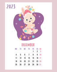 December 2023 calendar. Cute bunny in santa hat with garland and christmas balls. Vector illustration. Vertical Template. Week from Monday In English. rabbit is symbol 2023 year to Chinese zodiac