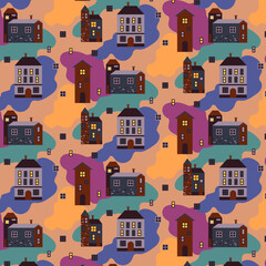 Vector seamless pattern. Conceptual composition of houses in flat style. A series of cute textures with houses in pastel colors.