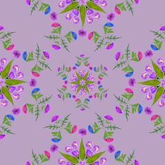 Fototapeta na wymiar Seamless pattern for continuous replicate. Floral background, photo collage for production of textile, cotton fabric. For use in wallpaper, covers. Mandala drawing in oriental style. Yin-Yang symbol