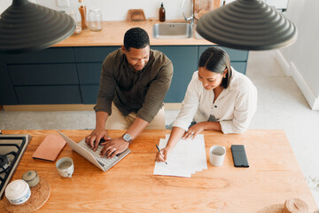 Couple calculating budget, finance and tax while planning investment, loan and bills at home from...