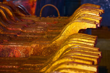 Texture of copper anode ingots in old metal melting workshop