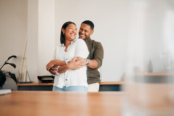 Hugging, romance and playful couple enjoying cuddle, love and bonding while laughing together at home. Loving husband giving affection, care and embrace to his happy, relaxing and funny wife