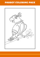 Cute parrot coloring book. Line art design for kids printable coloring page.