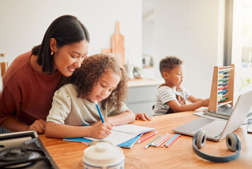 Education, learning and homework with a mother teaching and helping her daughter with writing, drawing and studying. Single parent and child bonding together as a family over school work at home