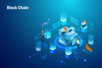 Block chain technology in workplace network connecting digital cube to big data visualization, online transaction security link, global business in futuristic background.