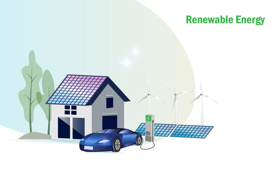 Green alternative renewable energy with solar panel, wind turbine and EV car to reduce carbon emissions and sustainable positive environment.