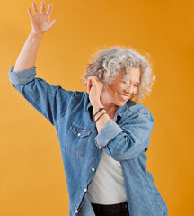 Celebrating, partying and dancing mature woman, happy and cheerful senior making waving hand...