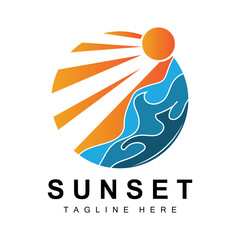 Sunset Beach Logo Design, Seascape Illustration, Red Day Vacation Spot Vector