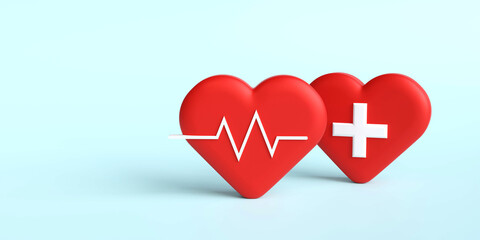3D heart background, heartbeat, red heart rate. Medical concept, health check, blood pressure measurement, good health care, healthy pulse, medical pulsometer element. 3d rendering illustration.