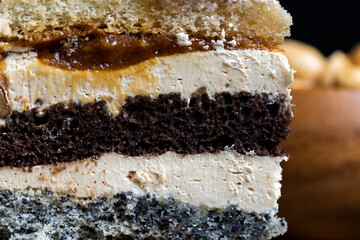 multi-layer cake with different layers, close up