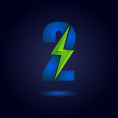 Number 2 Thunder Bolt Green Energy Logo Concept. Flash Icon.
