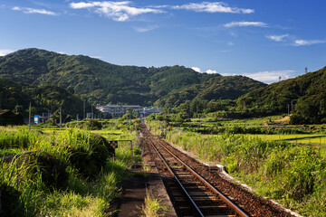 山陰本線本郷踏切と棚田の風景　山口県下関市豊浦町