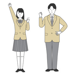 ガッツポーズの女子学生と男子学生の全身イラスト2