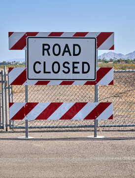 Road closed wooden sign, barricade road sign, warning sign 