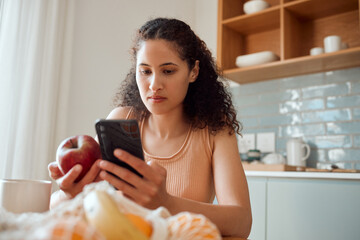 Eating healthy, diet planning and personal online female dietitian. Serious nutritionist check...