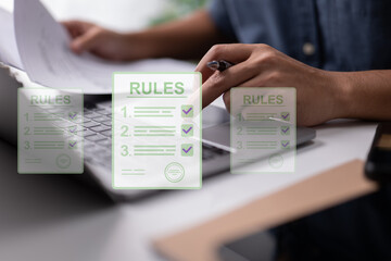 Businesspeople read rules and create checklists. corporate order, law, and regulations.