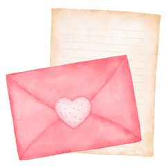 Pink envelopes with heart sticker and lined paper. Digital watercolor paint.