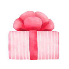 Cute gift box with ribbon bow. Digital watercolor paint.