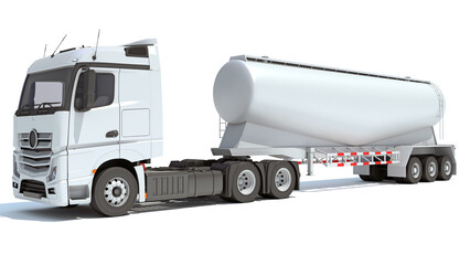 Heavy truck with tank trailer 3D rendering on white background