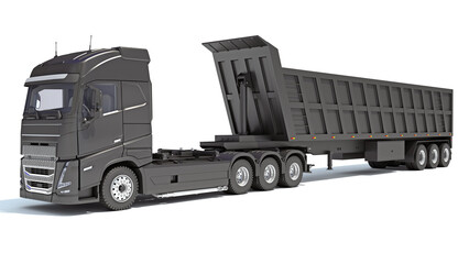 Heavy truck with tipper trailer 3D rendering on white background