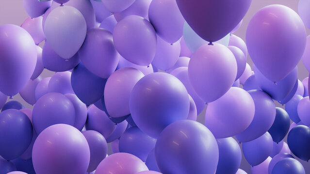Blue, Purple and Turquoise Balloons Floating in the Air. Youthful, Festival Background.