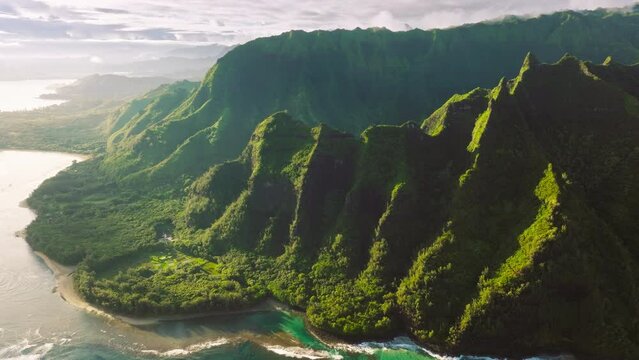 Amazing view from Kalalau trail in Haena State park on North shore of Kauai island. Great landscape of Hawaiian island peaks. Hawaii landmarks, travel destination, aerial view over Kauai jungles 4K