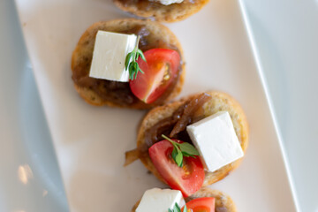 Bright garnished bread, cheese, and tomato snacks on a plate
