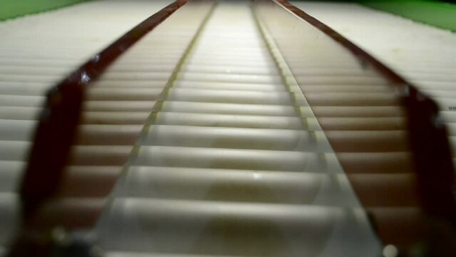industrial roller line closeup, long conveyor, production industry diversity 