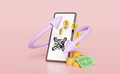 3d mobile phone, smartphone with money banknote, coin, QR code isolated on pink background. transfer arrows, cashback, saving money wealth business, cashback money refund concept, 3d render