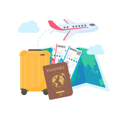 The world map is pinned to plan travel by international airlines. with luggage and plane tickets