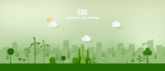 ESG as environmental, social and governance concept.Green ecology and alternative renewable energy.Paper art Vector illustration.
