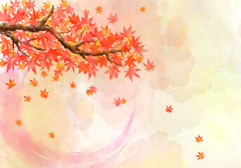 Obraz na płótnie Canvas 붉게 물든 가을 단풍과 낙엽의 배경 그래픽. 수채화 형식의 손그림 이미지 일러스트.